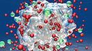 A snapshot from a large quantum molecular dynamics simulation of the production of hydrogen molecules (green) from an aluminum-lithium alloy nanoparticle containing 16,661 atoms (represented by the silver contour of charge density) and dissolved charged lithium atoms (red).