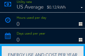 <div class="field field-name-field-map-byline field-type-text-with-summary field-label-hidden"><div class="field-items"><div  class="field-item odd">Our appliance and electronic energy use calculator allows you to estimate your annual energy use and cost to operate specific products. The wattage values provided are samples only; actual wattage of products varies depending on product age and features. Enter a wattage value for your own product for the most accurate estimate. 
Wattage and utility rate data sources: <a href="http://buildingsdatabook.eren.doe.gov/TableView.aspx?table=2.1.16">2010 Buildings Energy Databook, Table 2.1.16</a>; <a href="http://hes-documentation.lbl.gov/calculation-methodology/calculation-of-energy-consumption/major-appliances/miscellaneous-equipment-energy-consumption/default-energy-consumption-of-mels">Home Energy Saver</a>;  <a href="http://www.eia.gov/beta/api/qb.cfm?category=1012">EIA Average Retail Price of Electricity - Residential</a>.
</div></div></div>