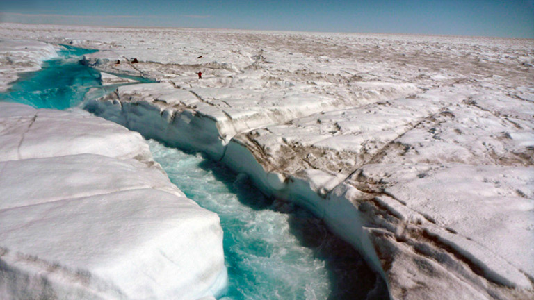 A river of meltwater flowing across Greenland&#39;s ice sheet. Credit: UCLA/Laurence C. Smith. View larger image.