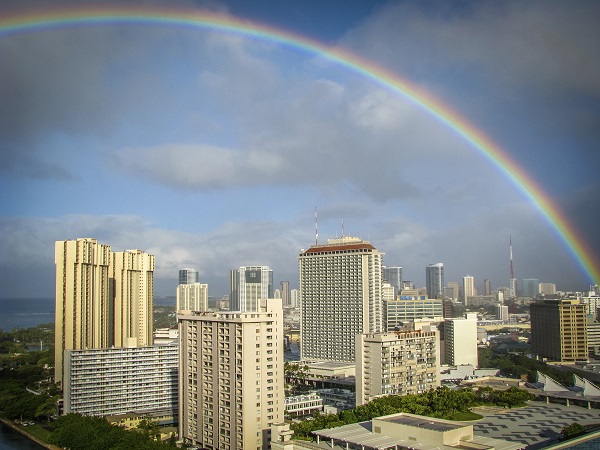 Rainbow over a cityscape