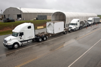 Three trucks transport nuclear waste from the Savannah River Site in South Carolina. | Energy Department photo.