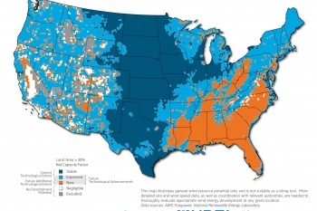 New map shows how taller wind turbines could help unlock wind's potential in all 50 states, especially in the southeastern U.S. | Map courtesy of National Renewable Energy Laboratory. 