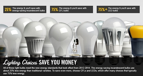 Lighting choices save you money. All of these light bulbs meet the new energy standards that took effect from 2012-2014. The energy-saving incandescent bulbs use about 25% less energy than traditional varieties. To save even more, choose CFLs and LEDs, which offer many choices that typically use 75% less energy.