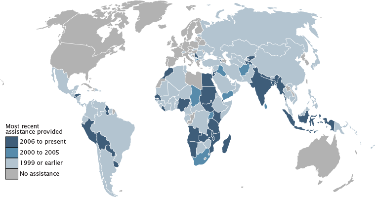 Places the U.S. Census Bureau's International Programs Staff has worked shown in red.