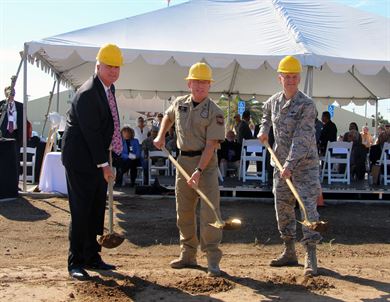 Brig. Gen. Russell Muncy (right), commander, 452nd Air Mobility Wing, Air Force Reserve Command, March Air Reserve Base, Acting Deputy Assistant Commissioner, Air and Marine Operations Tony Crowder (center) and Director Border Patrol and Air and Marine Program Management Office Loren Flossman (left) ceremonially turned dirt for the start of the $11 million AMOC construction project that calls for the construction of a 22,000 square foot expansion facility located adjacent to the AMOC on MARB. 

U.S. Army Corps of Engineers Los Angeles District, U.S. Customs and Border Protection Air and Marine Operations and March Air Reserve Base officials broke ground, on  a new CBP Air and Marine Operations Center expansion construction project here, Oct. 26.