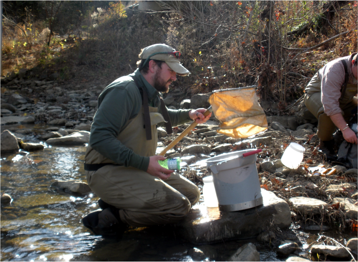 Staff cleans a bucket during a water quality assessment outing