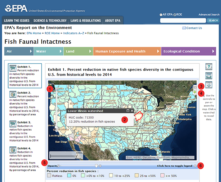 Illustration of a typical interactive map within this website. Features are labeled to correspond with the numbered descriptions below.