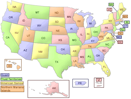 map of U.S., divided by states.