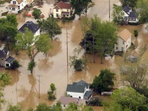 A flood damaged aerial view of downtown Gays Mills, Wis., is shown from an UH-60 Black Hawk helicopter assigned to the Army.