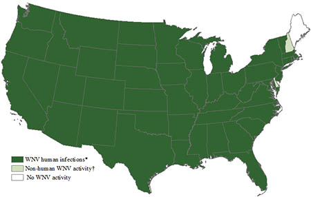 	Map of the United States showing West Nile virus activity by state