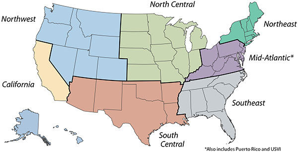 United States map showing the states in each Clean Cities region. The Northwest region includes Alaska, Colorado, Hawaii, Idaho, Montana, Nevada, Oregon, Utah, Washington, and Wyoming. The North Central region includes Illinois, Indiana, Iowa, Kansas, Michigan, Minnesota, Missouri, Nebraska, North Dakota, South Dakota, and Wisconsin. The Northeast region includes Connecticut, Maine, Massachusetts, New Hampshire, New York, Rhode Island, and Vermont. The Mid-Atlantic region includes the District of Columbia, Delaware, Maryland, Kentucky, New Jersey, Ohio, Pennsylvania, Puerto Rico, U.S. Virgin Islands, Virginia, and West Virginia. The Southeast region includes Alabama, Florida, Georgia, Mississippi, North Carolina, South Carolina, and Tennessee. The South Central region includes Arizona, Arkansas, Louisiana, New Mexico, Oklahoma, and Texas. The California region includes California.