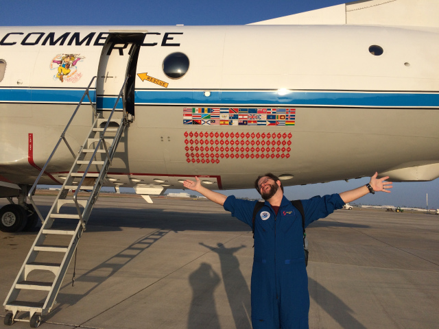 Brad Klotz celebrates the end of missions into Hurricane Matthew