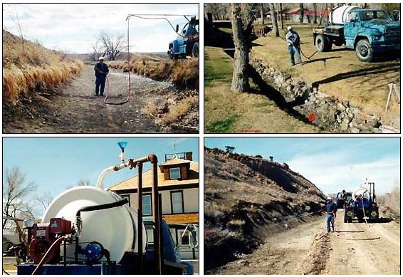 Photos showing Pam being sprayed onto the canals when they are dry prior to turning the irrigation water in.