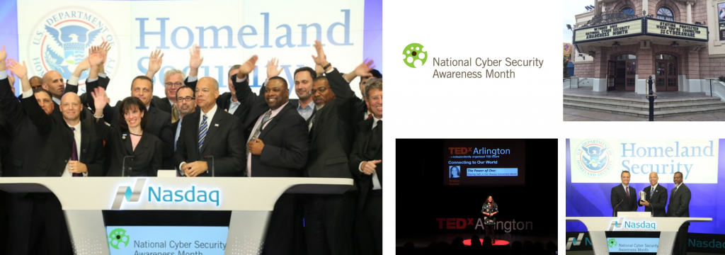 National Cyber Security Awareness Month logo, Nasdaq logo with people waving in front of Homeland Security logo, several different images