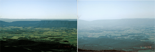 The view from Shenandoah National Park on a clear day and on a hazy day.