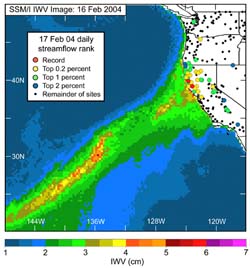 Satellite view of Atmospheric River and sites of subsequent flooding.