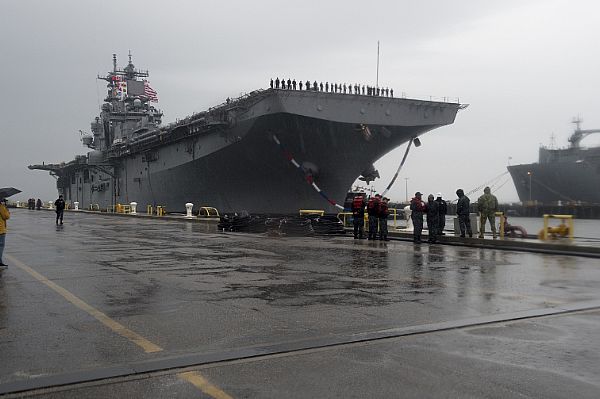 The amphibious assault ship USS Wasp (LHD 1) arrives at Naval Station Norfolk as part of the Wasp Amphibious Ready Group (WSP ARG) following a six-month deployment in support of maritime security operations and theater security cooperation efforts in Europe and Middle East. WSP ARG includes Commander, Amphibious Squadron 6; USS Wasp (LHD 1); USS San Antonio (LPD 17); USS Whidbey Island (LSD 41) and 22nd Marine Expeditionary Unity (MEU).  U.S. Navy photo by Mass Communication Specialist 1st Class Grant P. Ammon (Released)  161224-N-OH194-040