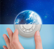 image of the earth and image of a hand adjusting a thermostat