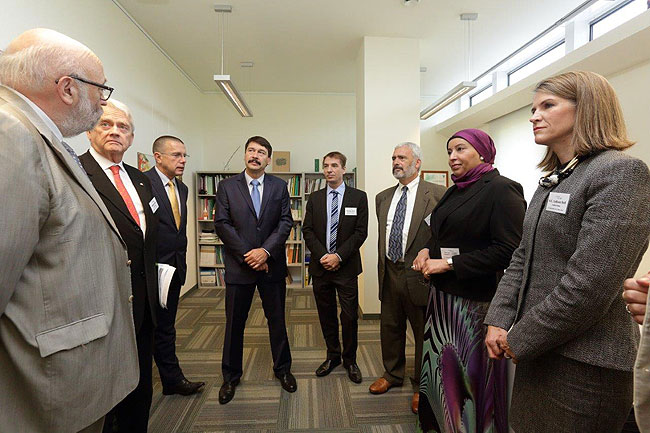 Hungarian President Janos Ader meets with EPA Acting Assistant Administrator Lek Kadeli, former EPA Administrator William Reilly, U.S. Ambassador to Hungary Colleen Bell, and others.