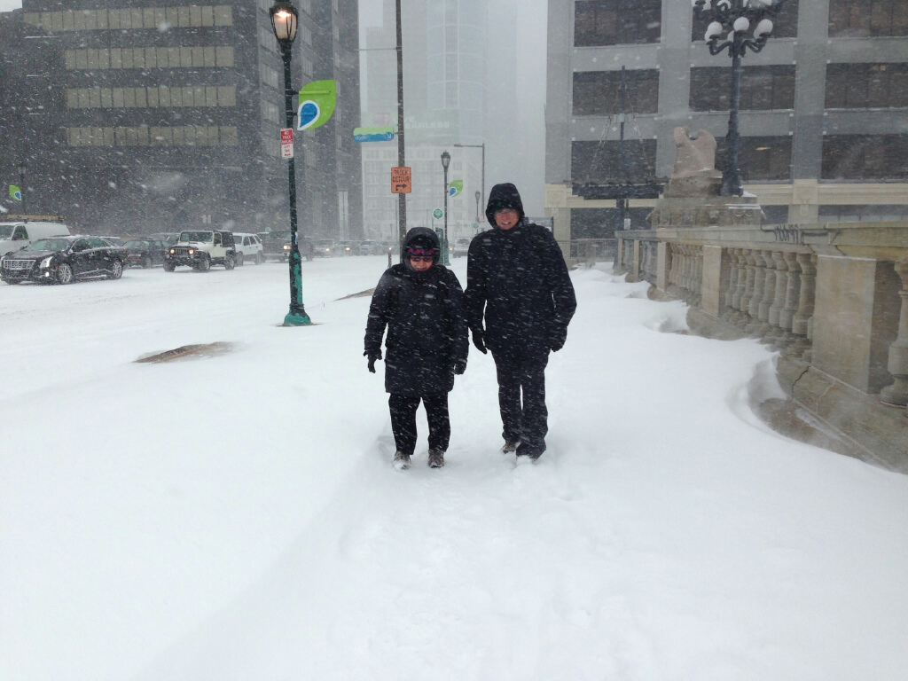 CEQ Chair Nancy Sutley and EPA Deputy Administrator Bob Perciasepe in snow storm in Philadelphia following STAR grant announcement