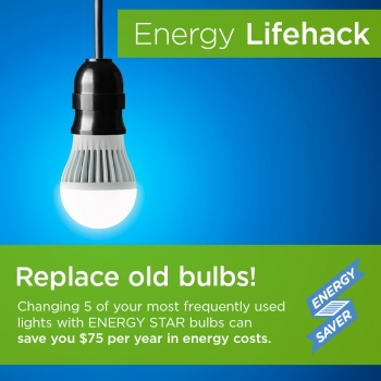 Replace frequently used bulbs with more energy efficient options to save money and energy. 