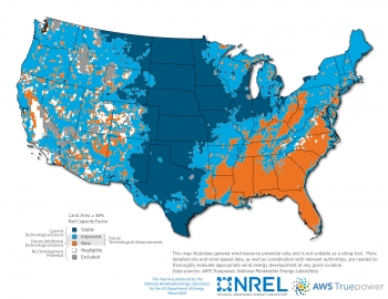 New map shows how taller wind turbines could help unlock wind's potential in all 50 states, especially in the southeastern U.S. | Map courtesy of National Renewable Energy Laboratory. 