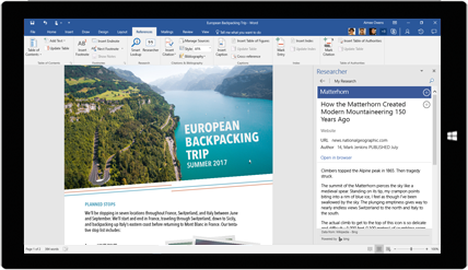 Tablet screen showing Word Researcher being used in a document about European backpacking trips, learn about creating documents with built-in Office tools