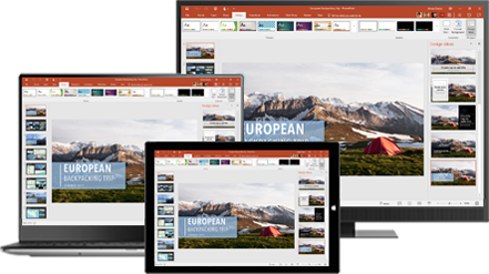 A desktop monitor, laptop, and tablet showing a presentation about European backpacking trips, learn about portable productivity with Office desktop and mobile apps