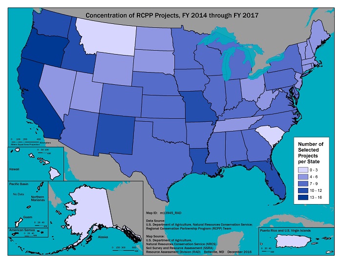 Map of the United States that shows display RCPP projects 2014-2017 by state through color.