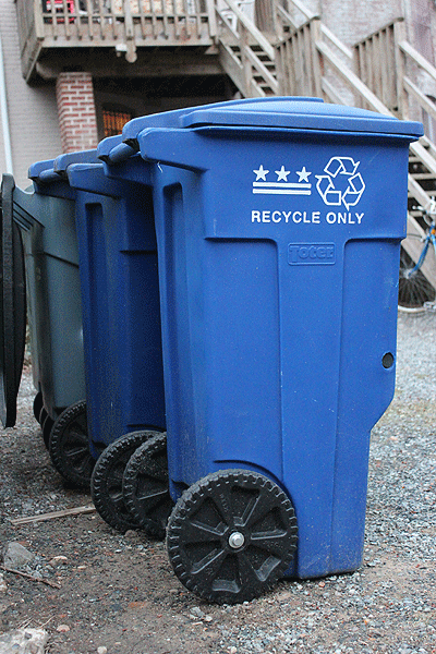 In DC, blue bins are for recycling and green bins are for trash.