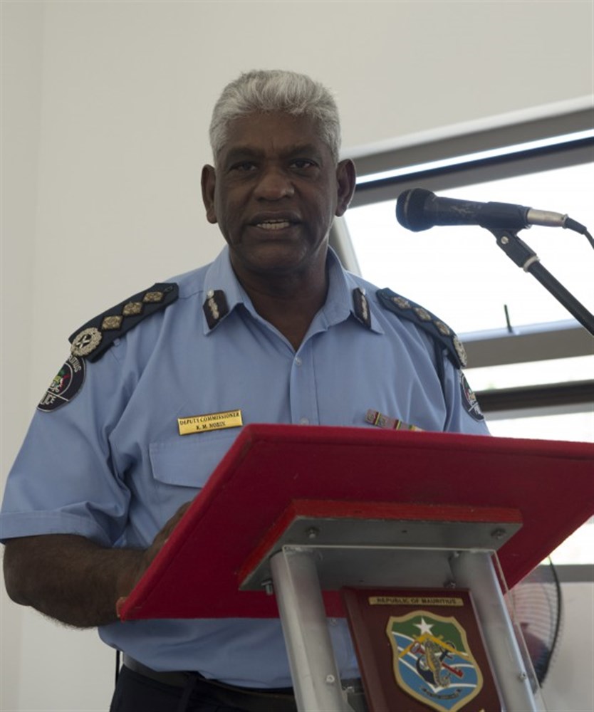 LE CHALAND, Mauritius (Jan. 28, 2015) Mauritian Deputy Commissioner of Police Mario Nobin addresses attendees during the opening ceremony of Exercise Cutlass Express 2015, Jan. 28. Exercise Cutlass Express 2015, sponsored by U.S. Africa Command, is designed to improve regional cooperation, maritime domain awareness, and information sharing practices to increase capabilities of East African and Indian Ocean nations to counter sea-based illicit activity. (U.S. Navy photo by Mass Communication Specialist 1st Class David R. Krigbaum/Released)