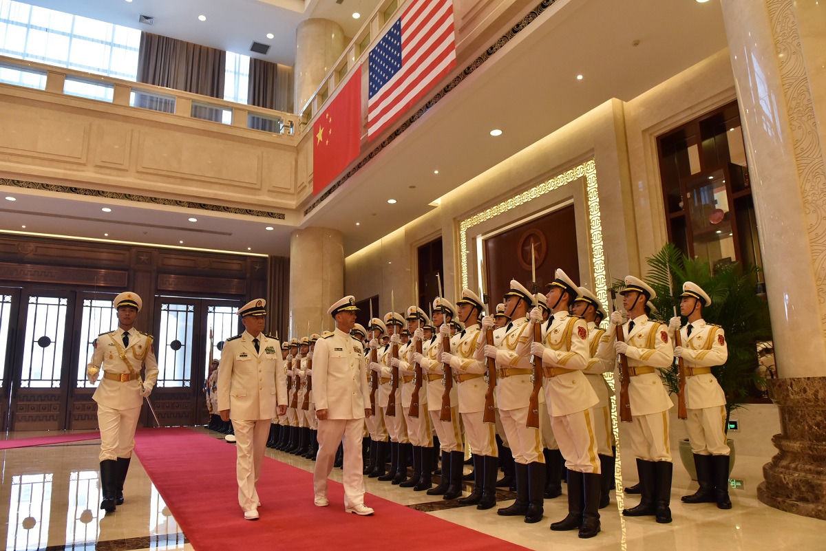 BEIJING (July 18, 2016) Chief of Naval Operations (CNO) Adm. John Richardson meets with Adm. Wu Shengli, Commander of the People's Liberation Army Navy (PLAN), at the PLAN headquarters in Beijing. Richardson is on a multi-day trip to China to meet with his counterpart and tour the Chinese North Sea fleet in Qingdao. The goal of the engagement is to improve mutual understanding and encourage professional interaction between the two navies.  U.S. Navy Photo by Mass Communication Specialist 1st Class Nathan Laird/Released