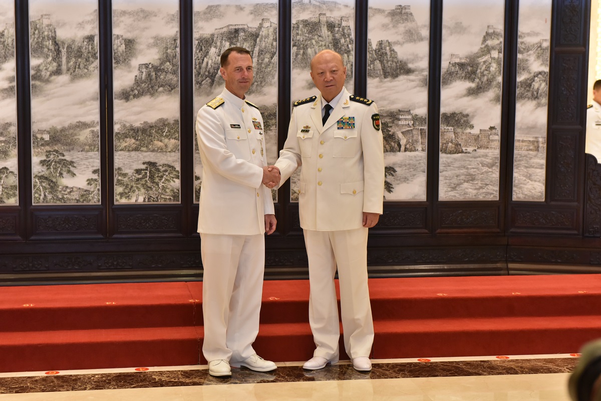 BEIJING (July 18, 2016) Chief of Naval Operations (CNO) Adm. John Richardson meets with Adm. Wu Shengli, Commander of the People's Liberation Army Navy (PLAN), at the PLAN headquarters in Beijing. Richardson is on a multi-day trip to China to meet with his counterpart and tour the Chinese North Sea fleet in Qingdao. The goal of the engagement is to improve mutual understanding and encourage professional interaction between the two navies. U.S. Navy Photo by Mass Communication Specialist 1st Class Nathan Laird/Released 