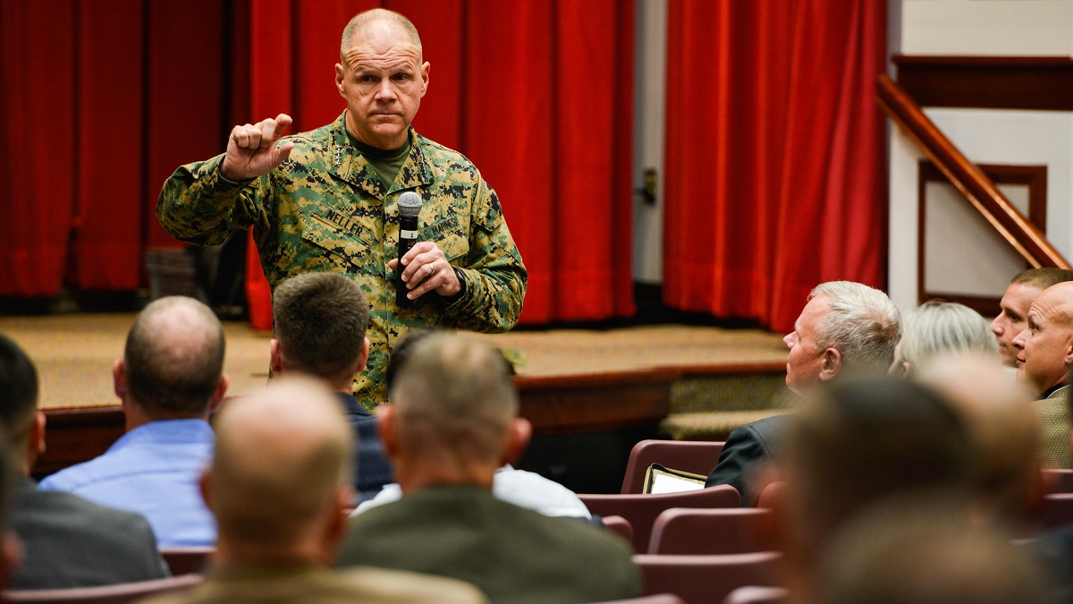 Gen. Robert Neller, the 37th Commandant of the Marine Corps, speaks to participants at the Marine Corps Warfighting Lab’s Force Development 25 Innovation Symposium at Marine Corps Base Quantico, Virginia, Feb. 23, 2016