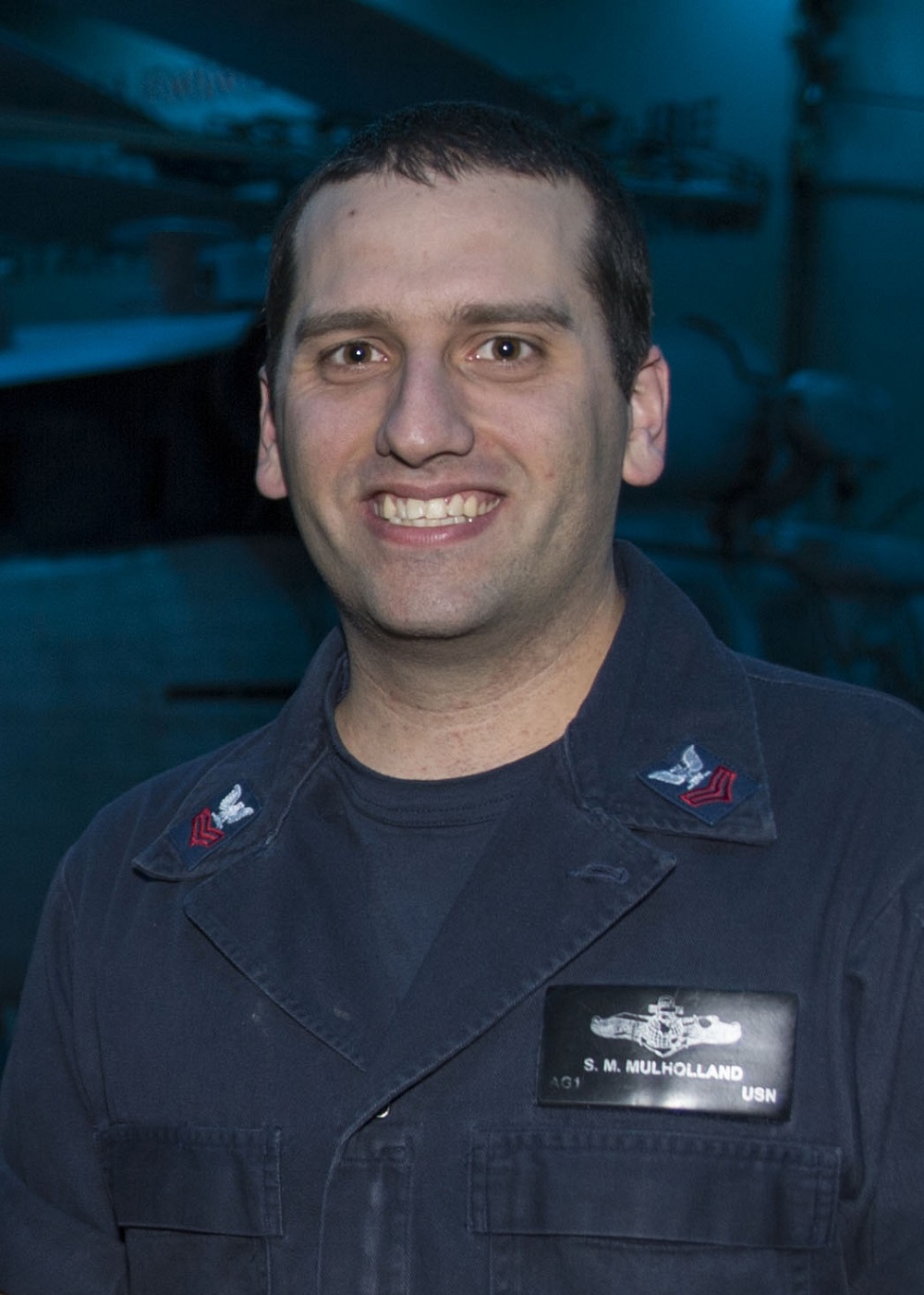 Navy Petty Officer 1st Class Shawn Mulholland is an aerographer’s mate with the Meteorological and Oceanographic Team aboard the amphibious assault ship USS Bonhomme Richard. Navy photo by Petty Officer 3rd Class Jeanette Mullinax