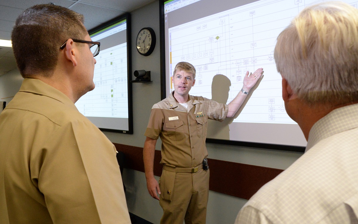 SAN DIEGO (Nov. 4, 2015) Lt. Cmdr. Evan Williams, Space and Naval Warfare Systems Command (SPAWAR) Deputy Program Manager (Engineering) for Automated Digital Network System (ADNS) discusses elements of the CYBERSAFE process with Capt. Mark Elliott, OPNAV N2/N6 CYBERSAFE Program Director and Ed Lazarski, SPAWAR Office of the Chief Engineer and Director of Cybersecurity for PEO C4I.  Elliot's CYBERSAFE team visited SPAWAR to perform a pilot of the CYBERSAFE program to ensure the systems command has the processes and personnel in place to execute the CYBERSAFE program.   U.S. Navy photo by Rick Naystatt 