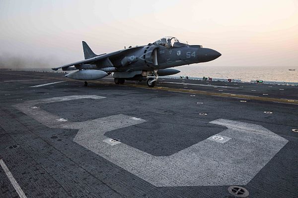 ARABIAN GULF (Nov. 19, 2015) An AV-8B Harrier assigned to Marine Medium Tiltrotor Squadron (VMM) 162 (Reinforced), 26th Marine Expeditionary Unit (26th MEU), launches from the amphibious assault ship USS Kearsarge (LHD 3) to conduct their first missions over Iraq in support of Operation Inherent Resolve. Kearsarge is deployed to the U.S. 5th Fleet, supporting Operation Inherent Resolve, the effort to degrade and ultimately destroy ISIL; maritime security operations; and regional theater security cooperation efforts. U.S. Navy photo by Mass Communication Specialist Seaman Apprentice Ryre Arciaga.