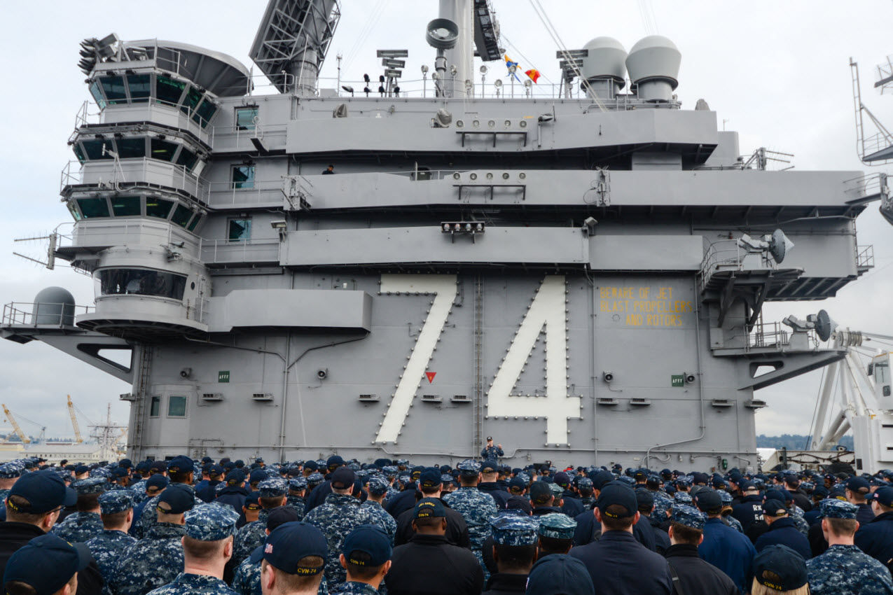 BREMERTON, Wash. (Feb. 20, 2015) Capt. Mike Wettlaufer, commanding officer of the aircraft carrier USS John C. Stennis (CVN 74), addresses Sailors during an all-hands call. John C. Stennis is undergoing an operational training period in preparation for future deployments. U.S. Navy photo by Mass Communication Specialist Seaman Kenneth Rodriguez Santiago.