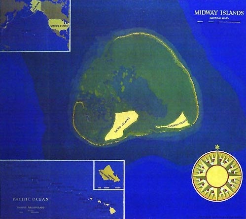An artist rendering of Midway Island as related to its location to the continental United States, as part of the Hawaiian Island chain and a detailed image of the island itself.