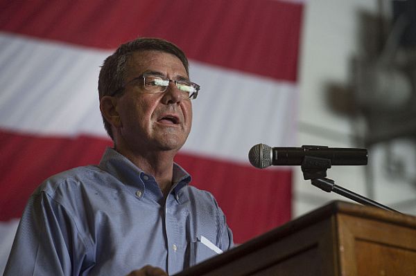 SOUTH CHINA SEA (April 15, 2016) Secretary of Defense (SECDEF) Ash Carter speaks to Sailors and Marines on the aircraft carrier USS John C. Stennis (CVN 74) after touring the ship with Philippine Secretary of National Defense Voltaire Gazmin as it sails the South China Sea April 15, 2016. Carter is visiting the Philippines to solidify the rebalance to the Asia-Pacific region. U.S. Air Force photo by Senior Master Sgt. Adrian Cadiz.