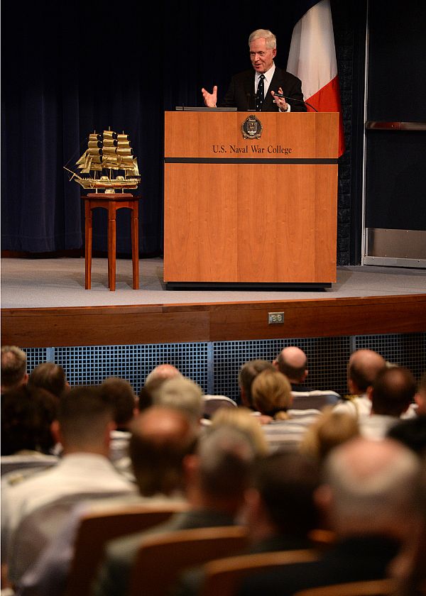 NEWPORT, R.I. (April 28, 2015) John Hattendorf, Ernest J. King Professor of Maritime History for U.S. Naval War College (NWC) and director, NWC Museum, speaks to students, staff, faculty and guests during an evening lecture, Recreating Our Maritime Heritage, at NWC in Newport, Rhode Island. The lecture focused on the importance of our nation's maritime heritage by studying the completed construction of two fully-rigged sailing ships, Hermione and Oliver Hazard Perry. The evening lecture series brings speakers of national or international prominence or unique perspectives to the college and community and provide students a broad range of views on a variety of topics of national or international importance. U.S. Navy photo by Chief Mass Communication Specialist James E. Foehl.