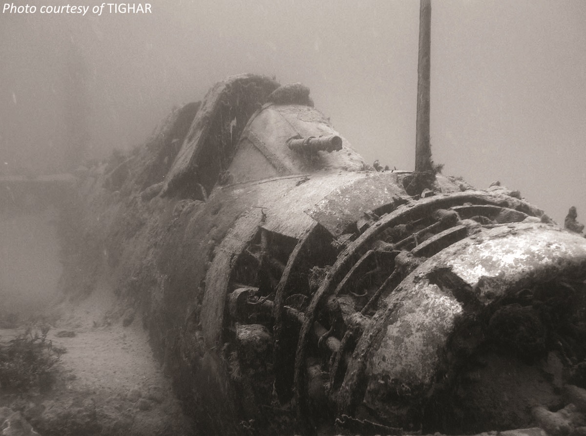 In addition to shipwrecks, UA is responsible for aircraft wrecks, including this TBD-1 Devastator lost off Jaluit Atoll in the Marshall Islands. Archaeologists worked with the International Group for Historic Aircraft Recovery (TIGHAR) in 2006 to survey and document the wreckage. Photograph courtesy of TIGHAR 