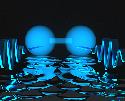 Researchers show that two photons, depicted in this artist’s conception as waves (left and right), can be locked together at a short distance. Under certain conditions, the photons can form a state resembling a two-atom molecule, represented as the blue dumbbell shape at center. Credit: E. Edwards/JQI