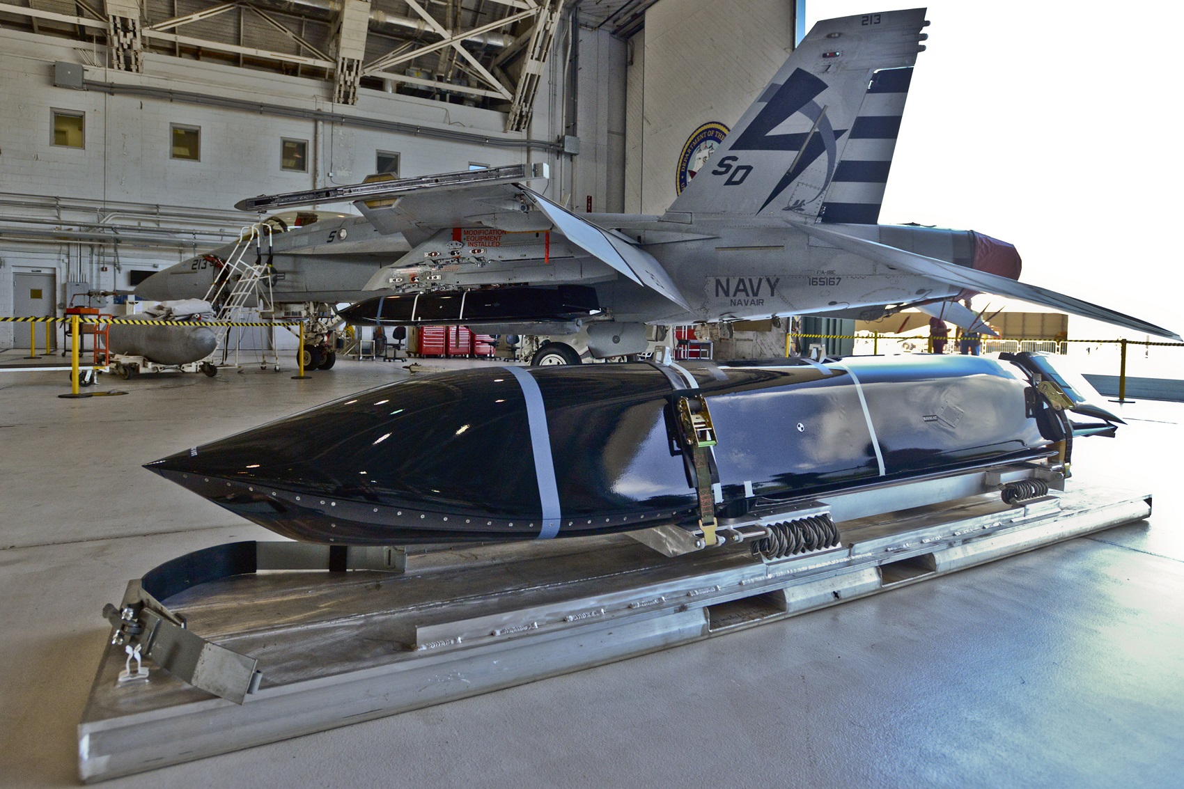 A Long Range Anti-Ship Missile (LRASM) integrated on F/A-18E/F Super Hornet Aug. 12 at NAS Patuxent River, Md. The program's flight test team is conducting initial testing to ensure proper loading, unloading and handling of the LRASM on the F/A-18 E/F. U.S. Navy photo 