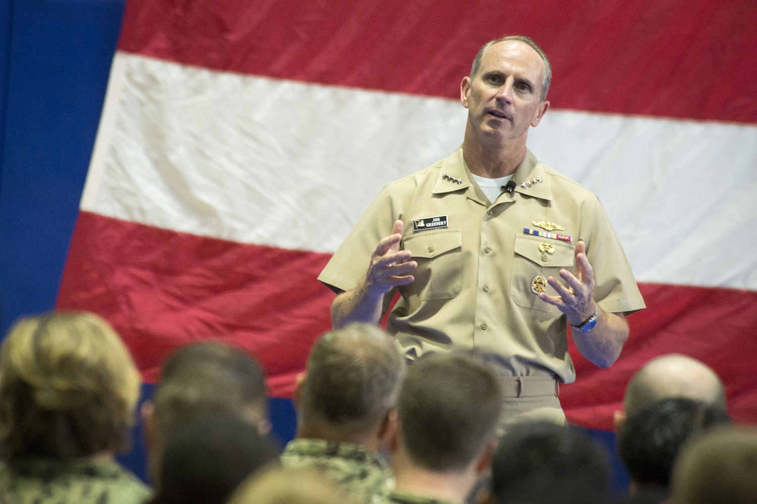 MANAMA, Bahrain (July 13, 2015) Chief of Naval Operations (CNO) Adm. Jonathan Greenert holds an all-hands call with service members, civilians and their families at Naval Support Activity (NSA) Bahrain. Greenert discussed the current status of the Navy and presented U.S. Naval Forces Central Command (NAVCENT) with the Navy Unit Commendation (NUC) for meritorious service in the performance of assigned missions from June 2010 to June 2015. U.S. Navy photo by Mass Communication Specialist 1st Class Nathan Laird.