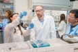 Argonne’s Tijana Rajh explains recently synthesized metal oxide nanoparticle samples with controlled amounts of structural defects to NDW Director Andreas Roelofs and fellow researcher Xiao-Min Lin. Also pictured are Argonne researchers Elena Rozhkova (left) and Elena Shevchenko.