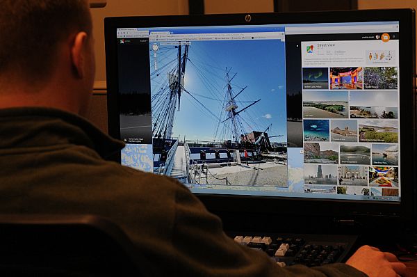 WASHINGTON (Jan. 20, 2015) U.S. Navy civilian employee Jonathan Snyder views USS Constitution using Google Maps' newly launched 360-degree virtual tour of the Navy's oldest commissioned ship. U.S. Navy photo by Mass Communication Specialist 2nd Class April D. Adams.