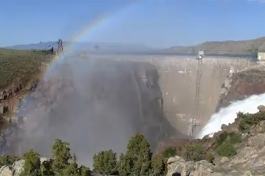 Pathfinder Reservoir Flows Over the Uncontrolled Spillway