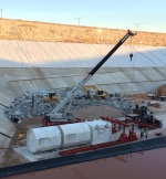 The three vitrification components are shown unloaded at Waste Control Specialists LLC in Andrews, Texas.