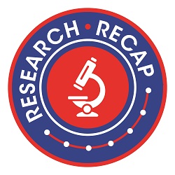 Research recap graphic identifier, a microscope with the words "research recap" around it in a circle